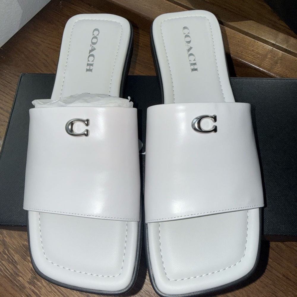 Coach White Leather Slide Sandals